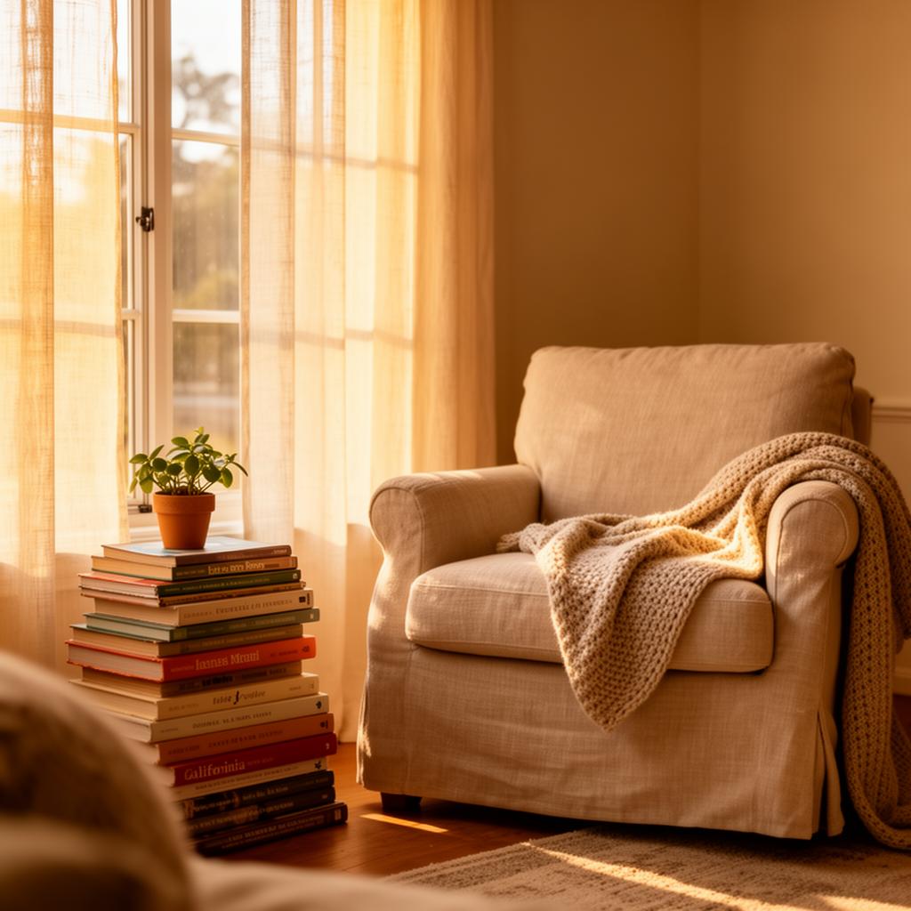A sunlit California living room with a cozy armchair, books, and a knitted blanket